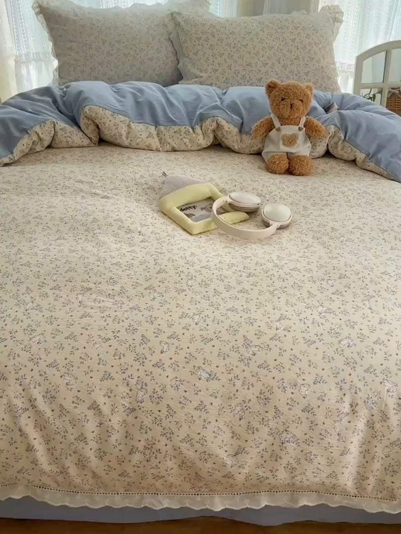 91家纺网 家纺一手货源 找家纺 红嘴企鹅 2025新款花边双层纱印花四件套 花园