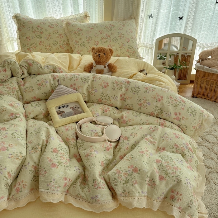 红嘴企鹅 2025新款花边双层纱印花四件套 清香