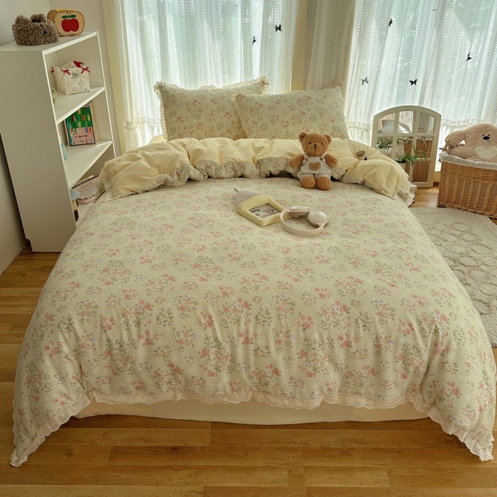 91家纺网 家纺一手货源 找家纺 红嘴企鹅 2025新款花边双层纱印花四件套 清香