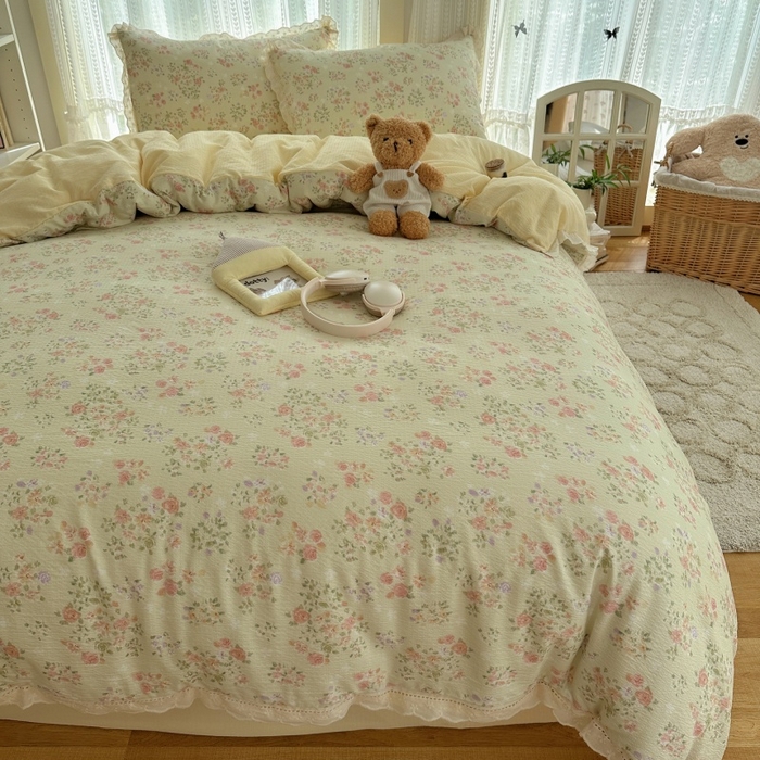 91家纺网 家纺一手货源 找家纺 红嘴企鹅 2025新款花边双层纱印花四件套 清香