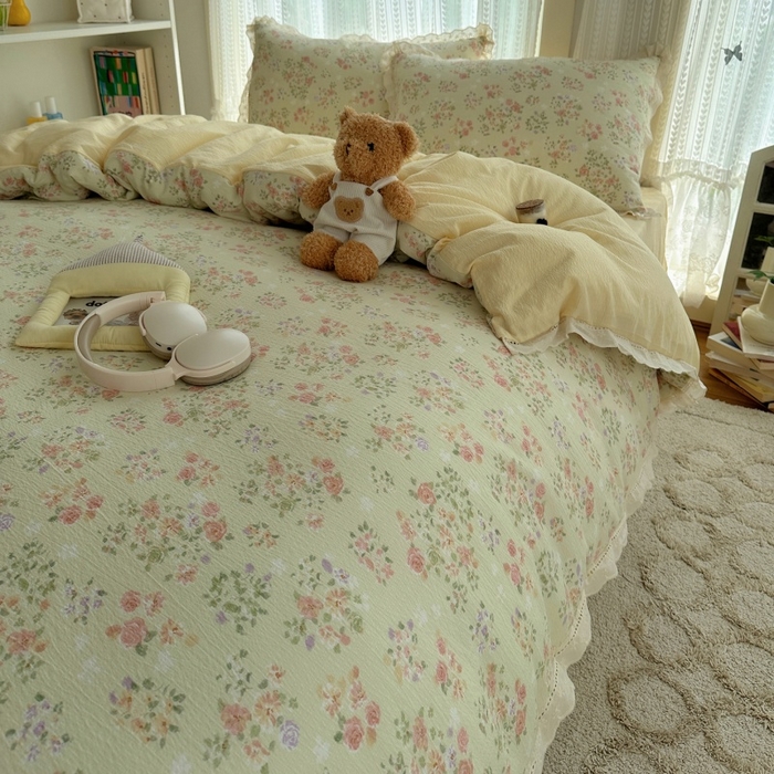 91家纺网 家纺一手货源 找家纺 红嘴企鹅 2025新款花边双层纱印花四件套 清香