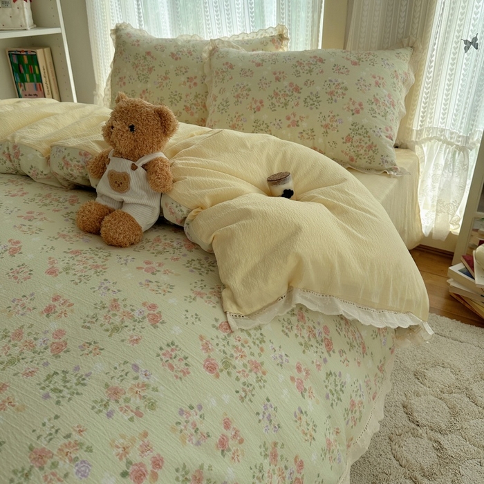 91家纺网 家纺一手货源 找家纺 红嘴企鹅 2025新款花边双层纱印花四件套 清香