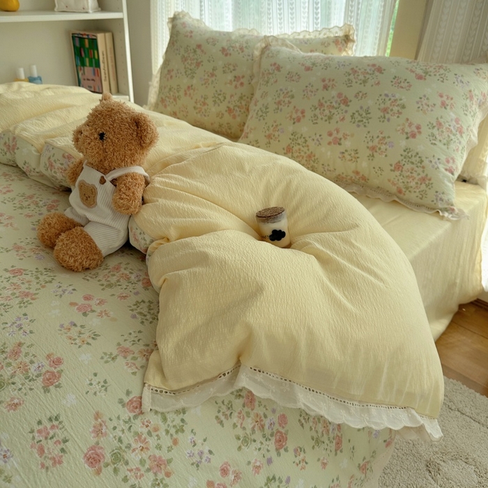 91家纺网 家纺一手货源 找家纺 红嘴企鹅 2025新款花边双层纱印花四件套 清香