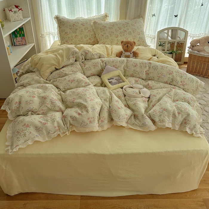 91家纺网 家纺一手货源 找家纺 红嘴企鹅 2025新款花边双层纱印花四件套 清香