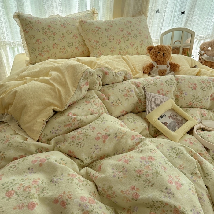 91家纺网 家纺一手货源 找家纺 红嘴企鹅 2025新款花边双层纱印花四件套 清香