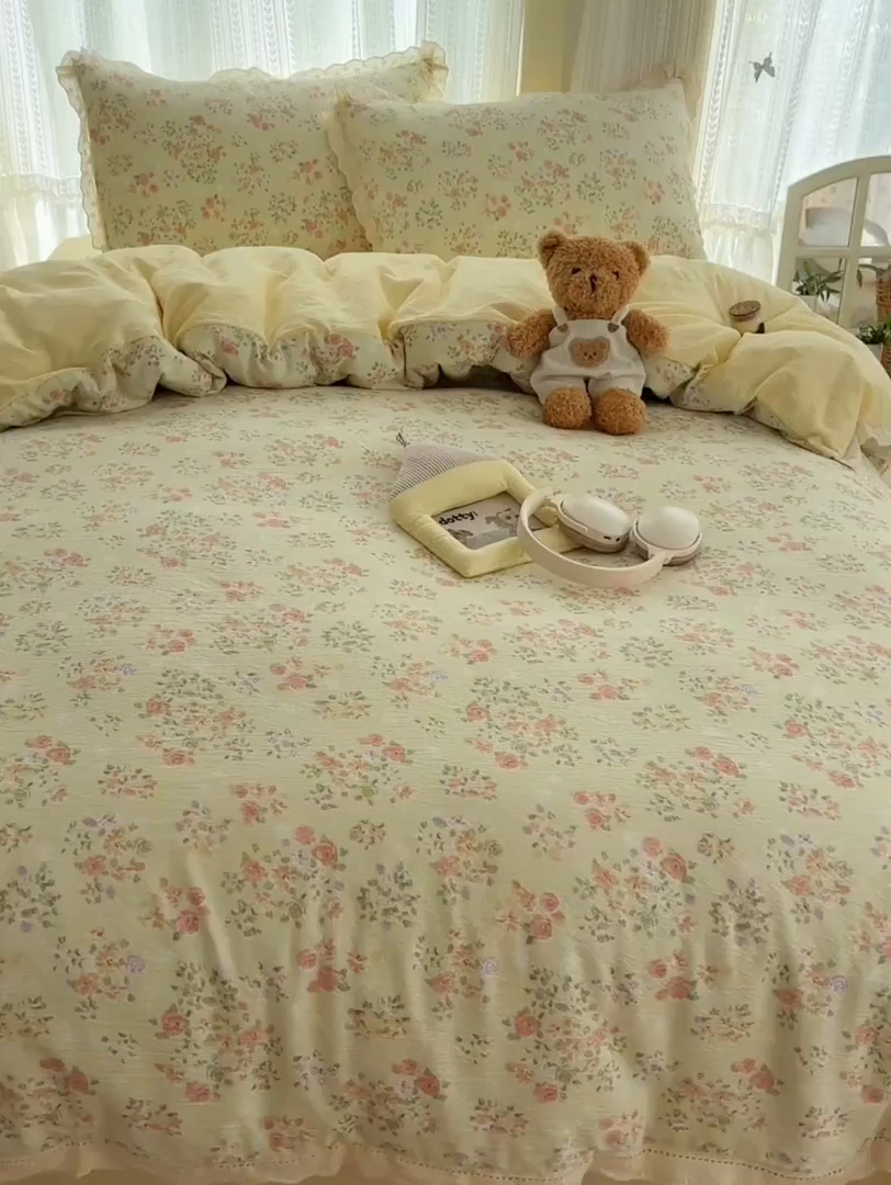 91家纺网 家纺一手货源 找家纺 红嘴企鹅 2025新款花边双层纱印花四件套 清香