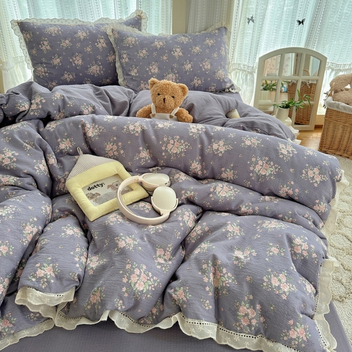 红嘴企鹅 2025新款花边双层纱印花四件套 紫韵