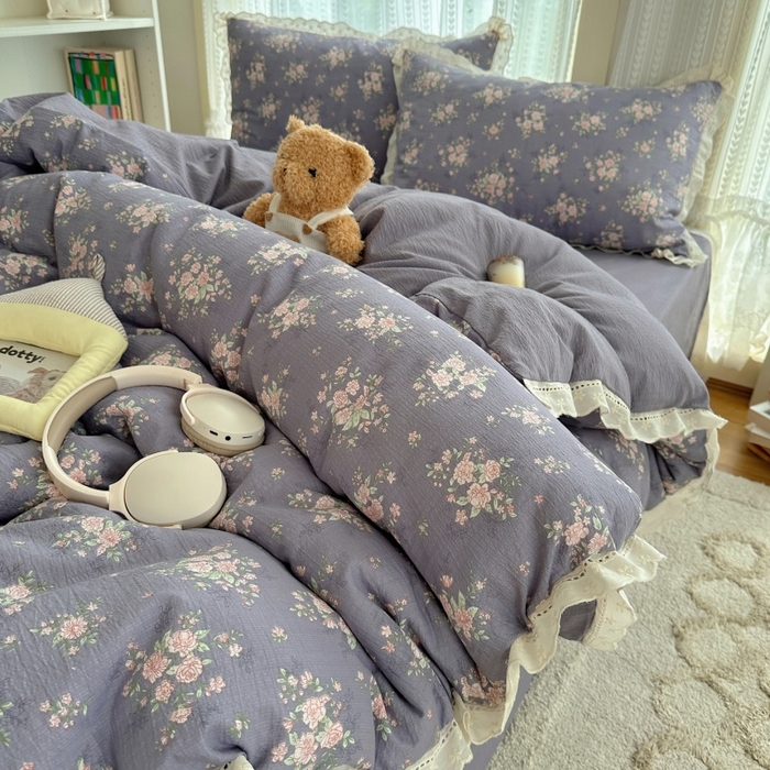 91家纺网 家纺一手货源 找家纺 红嘴企鹅 2025新款花边双层纱印花四件套 紫韵