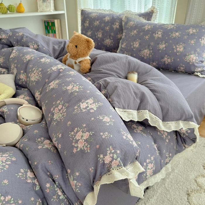 91家纺网 家纺一手货源 找家纺 红嘴企鹅 2025新款花边双层纱印花四件套 紫韵