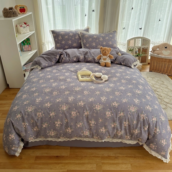 91家纺网 家纺一手货源 找家纺 红嘴企鹅 2025新款花边双层纱印花四件套 紫韵