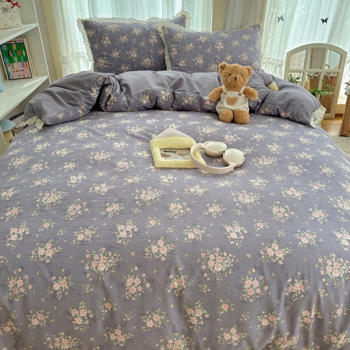 91家纺网 家纺一手货源 找家纺 红嘴企鹅 2025新款花边双层纱印花四件套 紫韵