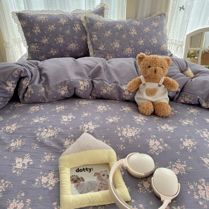 91家纺网 家纺一手货源 找家纺 红嘴企鹅 2025新款花边双层纱印花四件套 紫韵