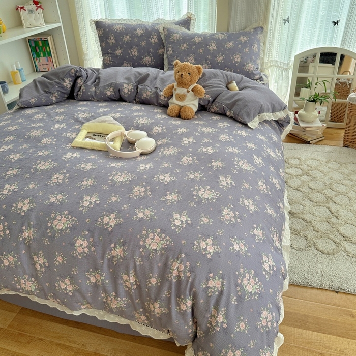 91家纺网 家纺一手货源 找家纺 红嘴企鹅 2025新款花边双层纱印花四件套 紫韵