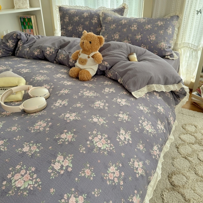 91家纺网 家纺一手货源 找家纺 红嘴企鹅 2025新款花边双层纱印花四件套 紫韵