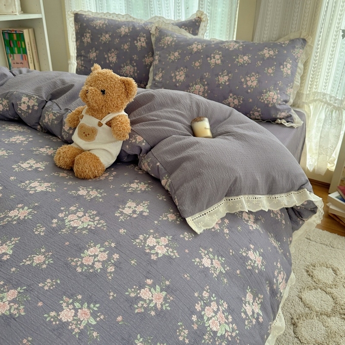 91家纺网 家纺一手货源 找家纺 红嘴企鹅 2025新款花边双层纱印花四件套 紫韵