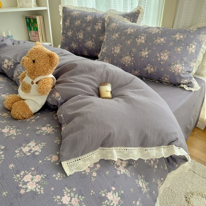 91家纺网 家纺一手货源 找家纺 红嘴企鹅 2025新款花边双层纱印花四件套 紫韵