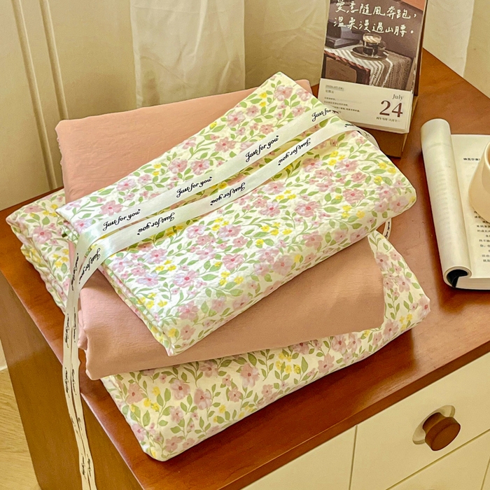 91家纺网 家纺一手货源 找家纺 斯卡诺家纺 2026爆款古法水洗仿棉四件套韩国小布袋五件套（高克重斜纹加厚） 花镜