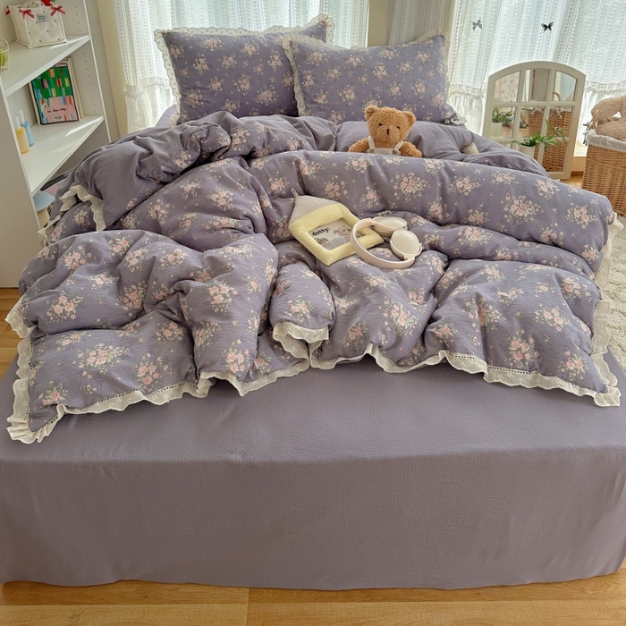 91家纺网 家纺一手货源 找家纺 红嘴企鹅 2025新款花边双层纱印花四件套 紫韵