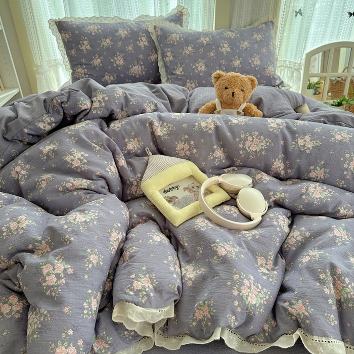 91家纺网 家纺一手货源 找家纺 红嘴企鹅 2025新款花边双层纱印花四件套 紫韵