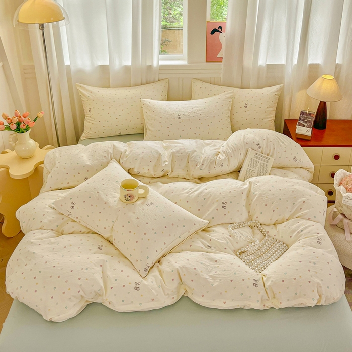 91家纺网 家纺一手货源 找家纺 斯卡诺家纺 2026爆款古法水洗仿棉四件套韩国小布袋五件套（高克重斜纹加厚） 缤纷爱心