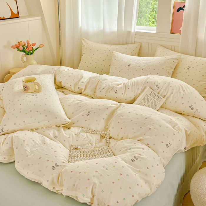 91家纺网 家纺一手货源 找家纺 斯卡诺家纺 2026爆款古法水洗仿棉四件套韩国小布袋五件套（高克重斜纹加厚） 缤纷爱心