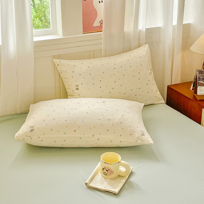 91家纺网 家纺一手货源 找家纺 斯卡诺家纺 2026爆款古法水洗仿棉四件套韩国小布袋五件套（高克重斜纹加厚） 缤纷爱心