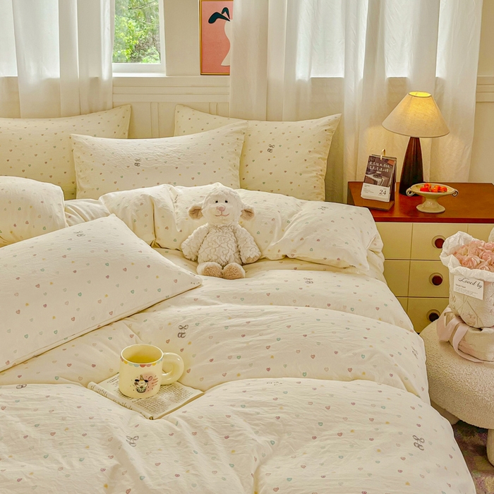 91家纺网 家纺一手货源 找家纺 斯卡诺家纺 2026爆款古法水洗仿棉四件套韩国小布袋五件套（高克重斜纹加厚） 缤纷爱心