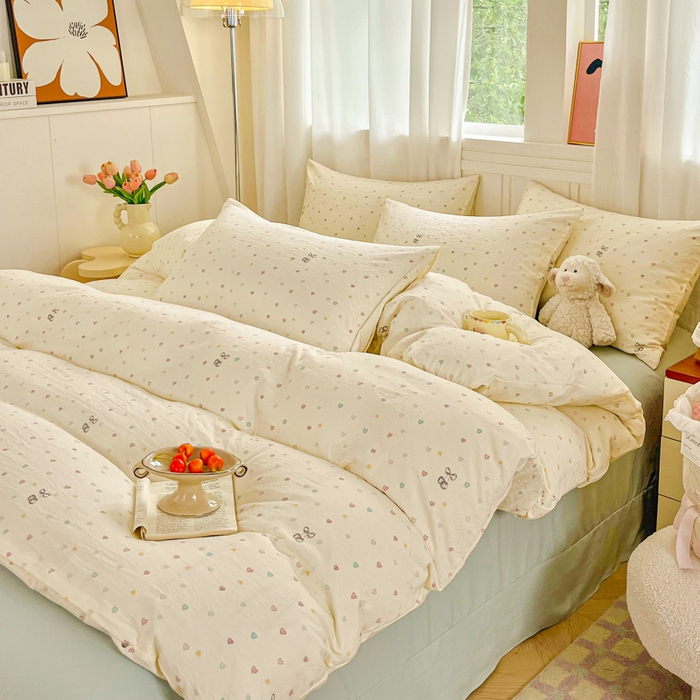 91家纺网 家纺一手货源 找家纺 斯卡诺家纺 2026爆款古法水洗仿棉四件套韩国小布袋五件套（高克重斜纹加厚） 缤纷爱心