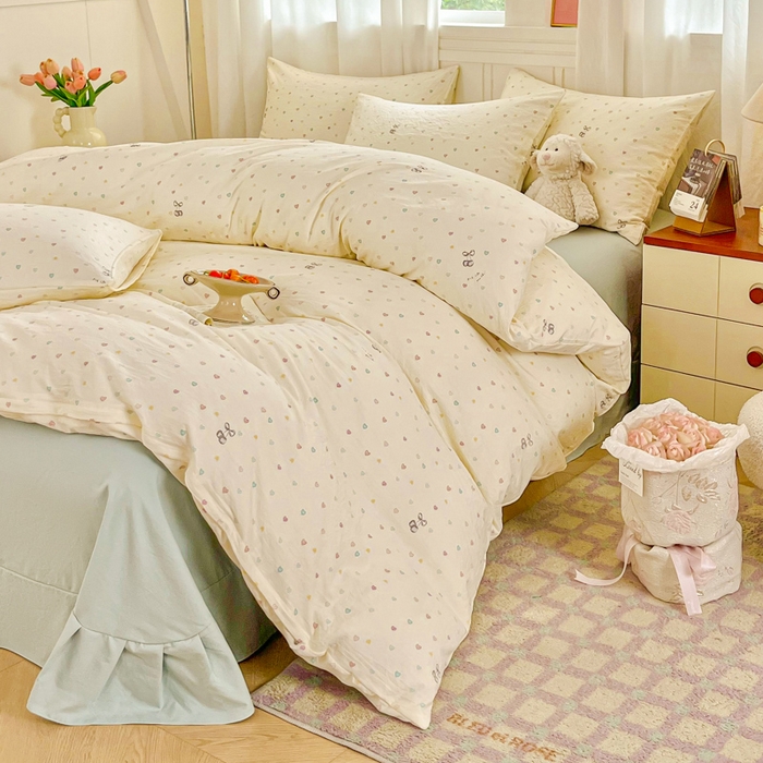 91家纺网 家纺一手货源 找家纺 斯卡诺家纺 2026爆款古法水洗仿棉四件套韩国小布袋五件套（高克重斜纹加厚） 缤纷爱心