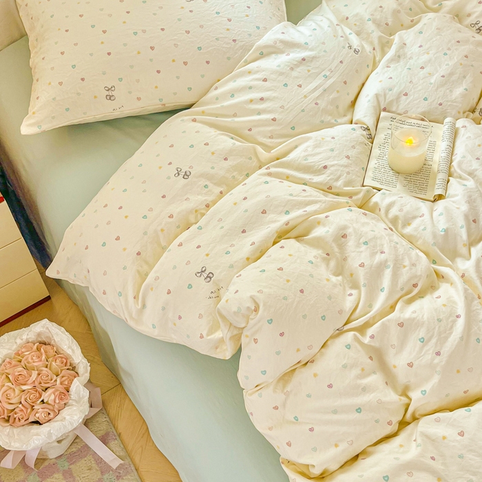 91家纺网 家纺一手货源 找家纺 斯卡诺家纺 2026爆款古法水洗仿棉四件套韩国小布袋五件套（高克重斜纹加厚） 缤纷爱心