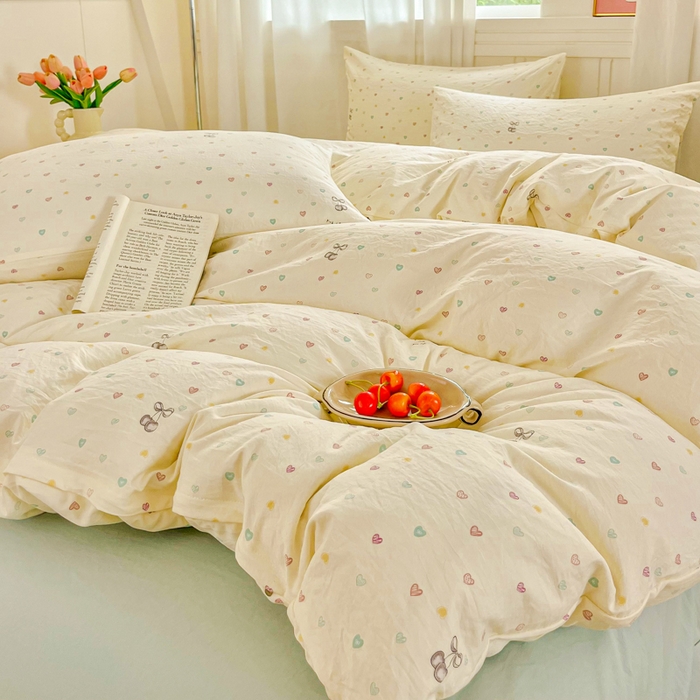 91家纺网 家纺一手货源 找家纺 斯卡诺家纺 2026爆款古法水洗仿棉四件套韩国小布袋五件套（高克重斜纹加厚） 缤纷爱心