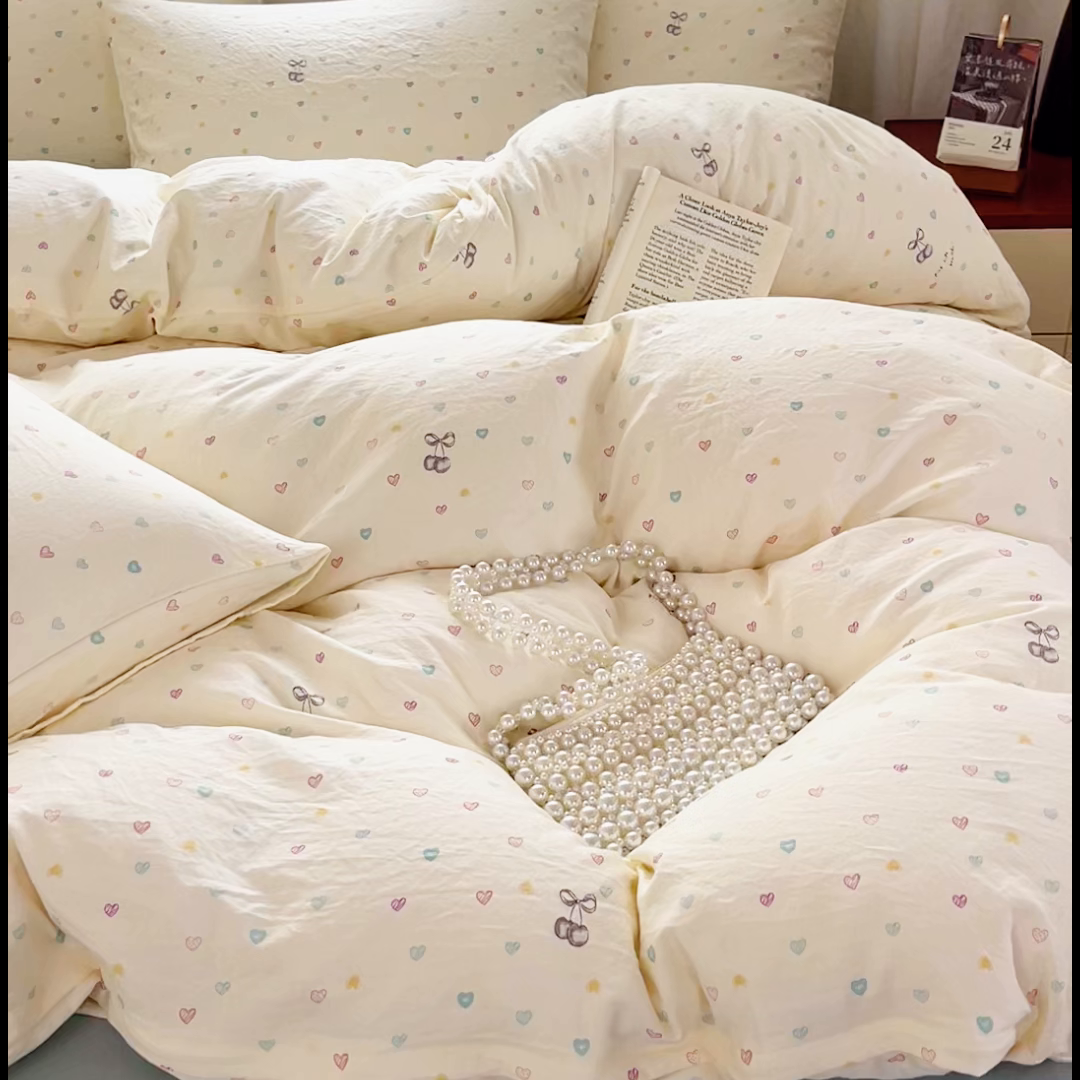 91家纺网 家纺一手货源 找家纺 斯卡诺家纺 2026爆款古法水洗仿棉四件套韩国小布袋五件套（高克重斜纹加厚） 缤纷爱心