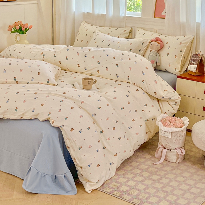 91家纺网 家纺一手货源 找家纺 斯卡诺家纺 2026爆款古法水洗仿棉四件套韩国小布袋五件套（高克重斜纹加厚） 宠物乐园