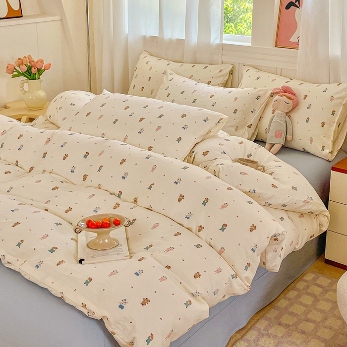 91家纺网 家纺一手货源 找家纺 斯卡诺家纺 2026爆款古法水洗仿棉四件套韩国小布袋五件套（高克重斜纹加厚） 宠物乐园