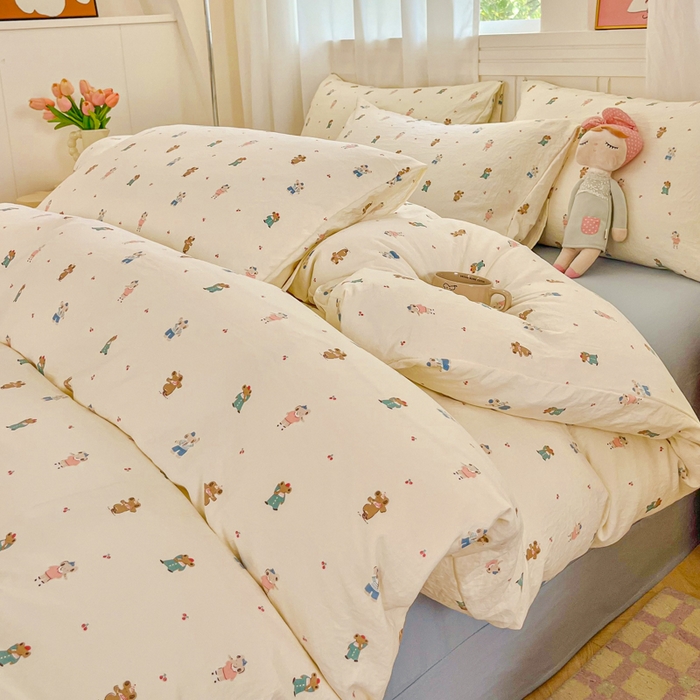 91家纺网 家纺一手货源 找家纺 斯卡诺家纺 2026爆款古法水洗仿棉四件套韩国小布袋五件套（高克重斜纹加厚） 宠物乐园