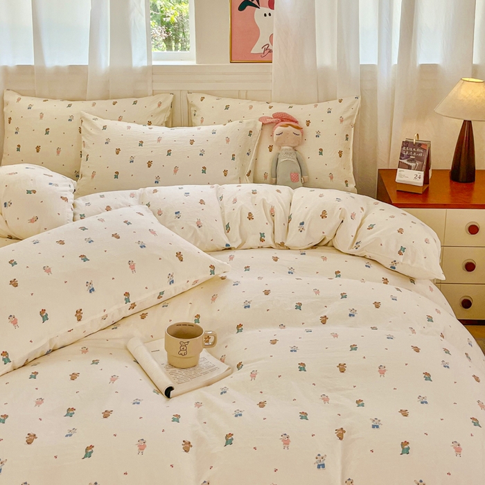 91家纺网 家纺一手货源 找家纺 斯卡诺家纺 2026爆款古法水洗仿棉四件套韩国小布袋五件套（高克重斜纹加厚） 宠物乐园