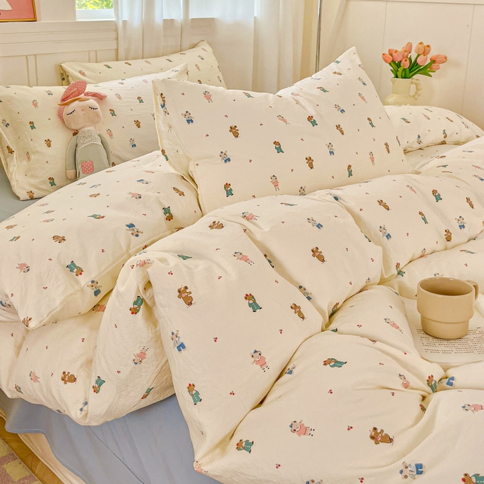 91家纺网 家纺一手货源 找家纺 斯卡诺家纺 2026爆款古法水洗仿棉四件套韩国小布袋五件套（高克重斜纹加厚） 宠物乐园