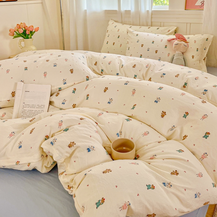 91家纺网 家纺一手货源 找家纺 斯卡诺家纺 2026爆款古法水洗仿棉四件套韩国小布袋五件套（高克重斜纹加厚） 宠物乐园