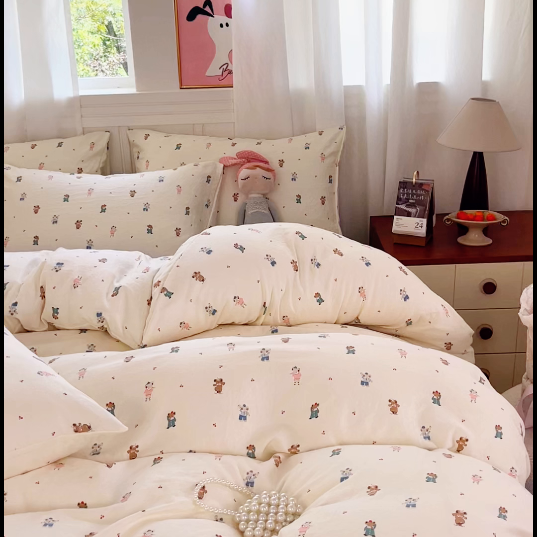 91家纺网 家纺一手货源 找家纺 斯卡诺家纺 2026爆款古法水洗仿棉四件套韩国小布袋五件套（高克重斜纹加厚） 宠物乐园