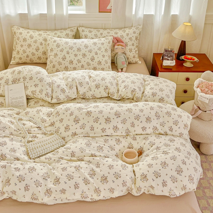 91家纺网 家纺一手货源 找家纺 斯卡诺家纺 2026爆款古法水洗仿棉四件套韩国小布袋五件套（高克重斜纹加厚） 法式浪漫