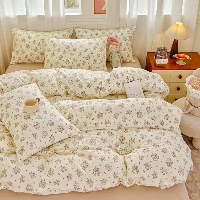 91家纺网 家纺一手货源 找家纺 斯卡诺家纺 2026爆款古法水洗仿棉四件套韩国小布袋五件套（高克重斜纹加厚） 法式浪漫