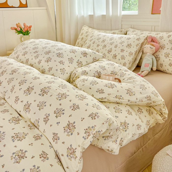 91家纺网 家纺一手货源 找家纺 斯卡诺家纺 2026爆款古法水洗仿棉四件套韩国小布袋五件套（高克重斜纹加厚） 法式浪漫