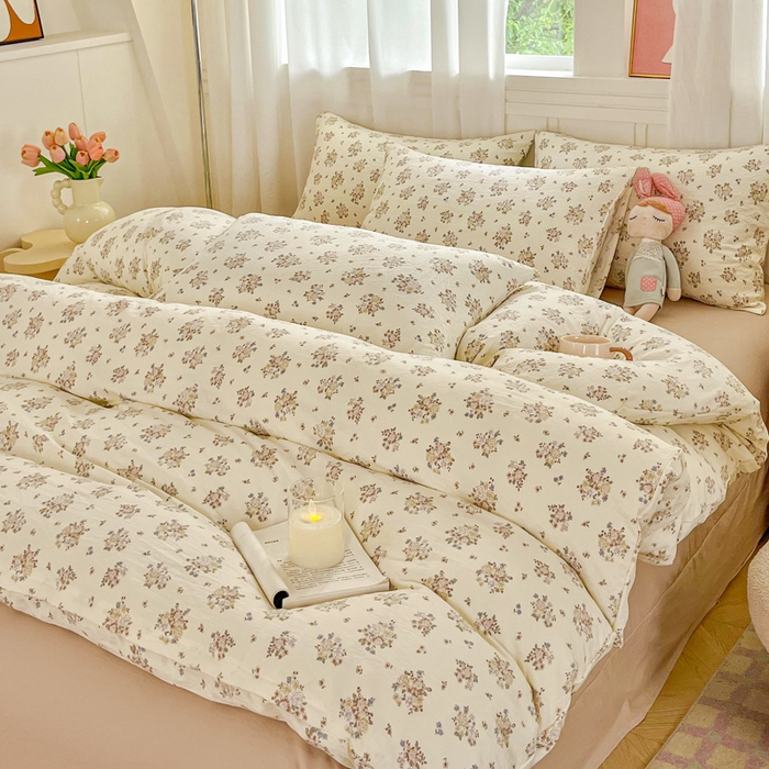 91家纺网 家纺一手货源 找家纺 斯卡诺家纺 2026爆款古法水洗仿棉四件套韩国小布袋五件套（高克重斜纹加厚） 法式浪漫