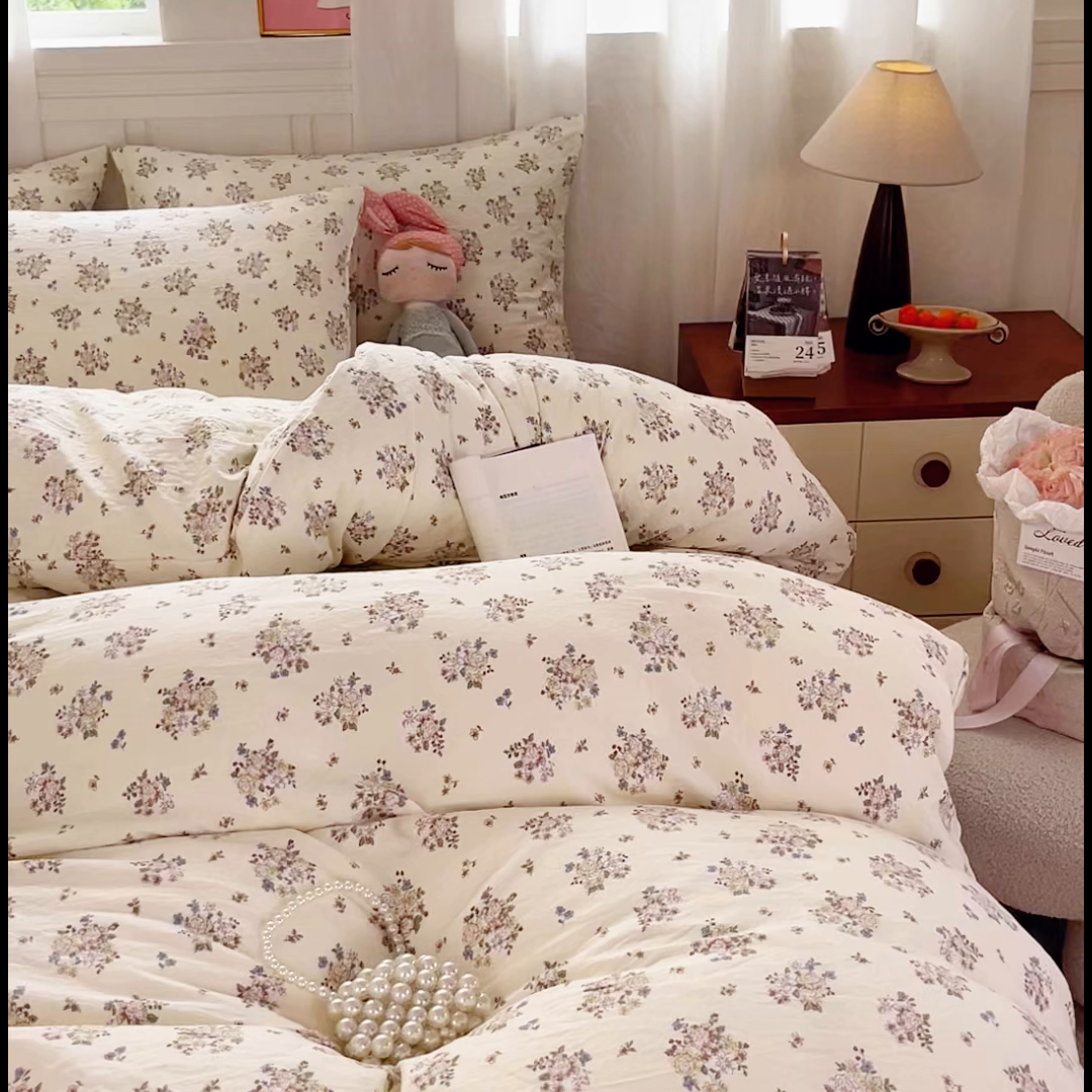 91家纺网 家纺一手货源 找家纺 斯卡诺家纺 2026爆款古法水洗仿棉四件套韩国小布袋五件套（高克重斜纹加厚） 法式浪漫