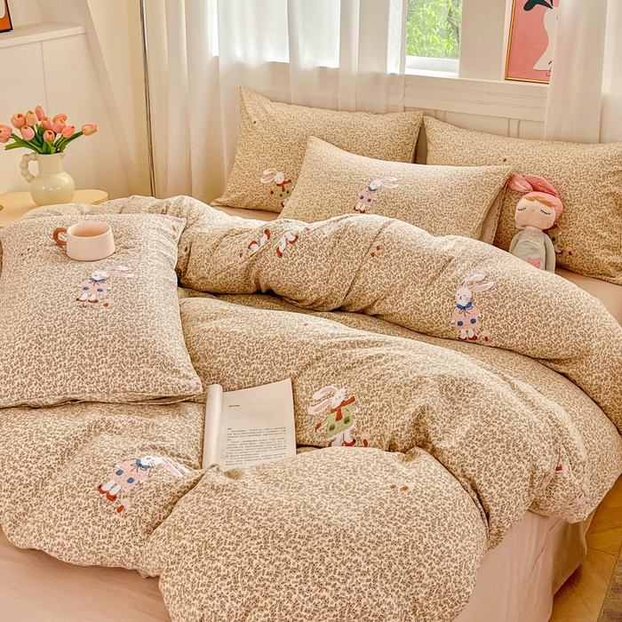 91家纺网 家纺一手货源 找家纺 斯卡诺家纺 2026爆款古法水洗仿棉四件套韩国小布袋五件套（高克重斜纹加厚） 花丛小兔