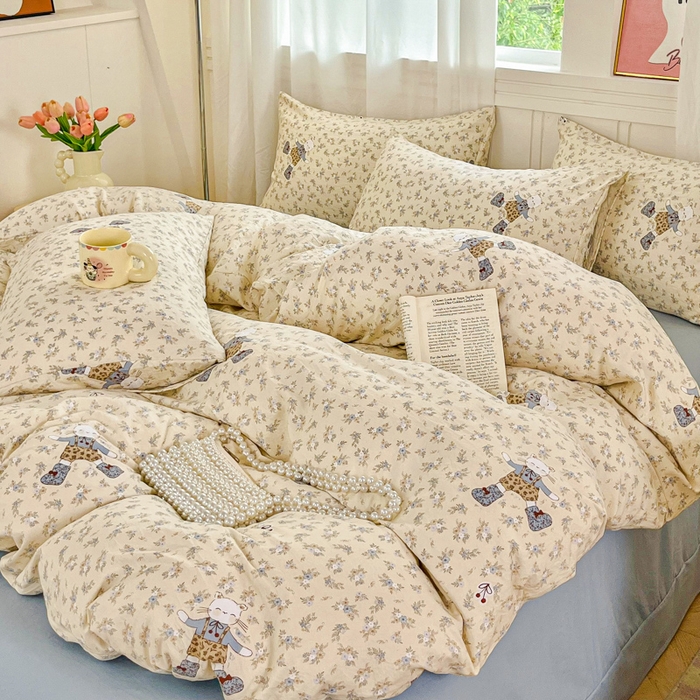 91家纺网 家纺一手货源 找家纺 斯卡诺家纺 2026爆款古法水洗仿棉四件套韩国小布袋五件套（高克重斜纹加厚） 花丛小熊