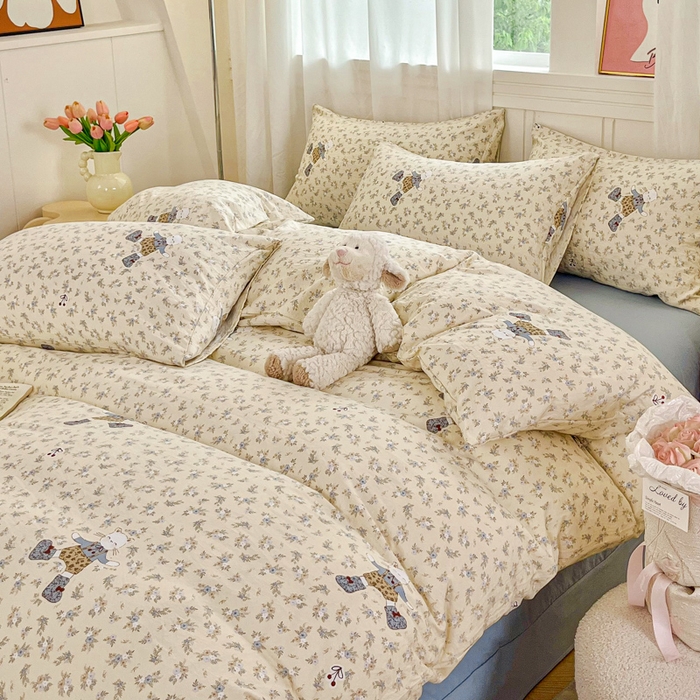 91家纺网 家纺一手货源 找家纺 斯卡诺家纺 2026爆款古法水洗仿棉四件套韩国小布袋五件套（高克重斜纹加厚） 花丛小熊