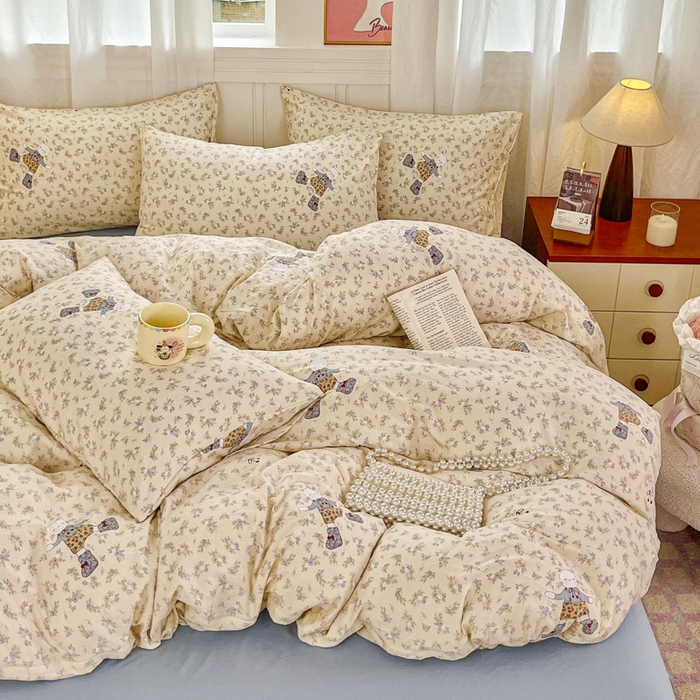 91家纺网 家纺一手货源 找家纺 斯卡诺家纺 2026爆款古法水洗仿棉四件套韩国小布袋五件套（高克重斜纹加厚） 花丛小熊