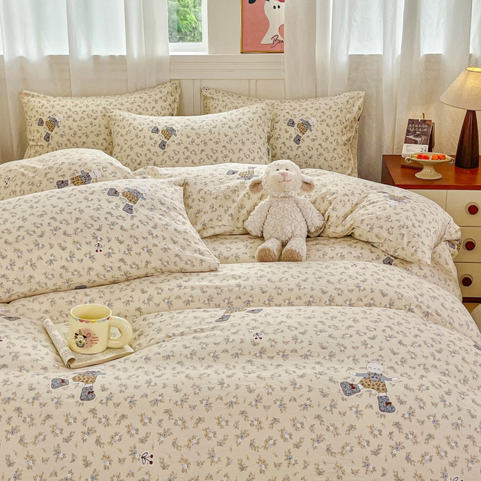 91家纺网 家纺一手货源 找家纺 斯卡诺家纺 2026爆款古法水洗仿棉四件套韩国小布袋五件套（高克重斜纹加厚） 花丛小熊