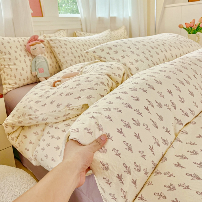 斯卡诺家纺 2026爆款古法水洗仿棉四件套韩国小布袋五件套（高克重斜纹加厚） 花季